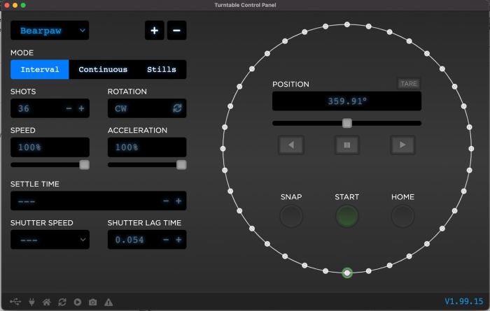 The Spinshot Turntable Control Software, designed specifically to control the movement of the Spinshot turntable.