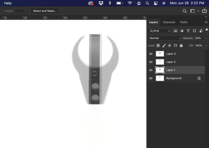 Product images taken at 0º 90º 180º and 270º  stacked on top of each other inside of Photoshop.